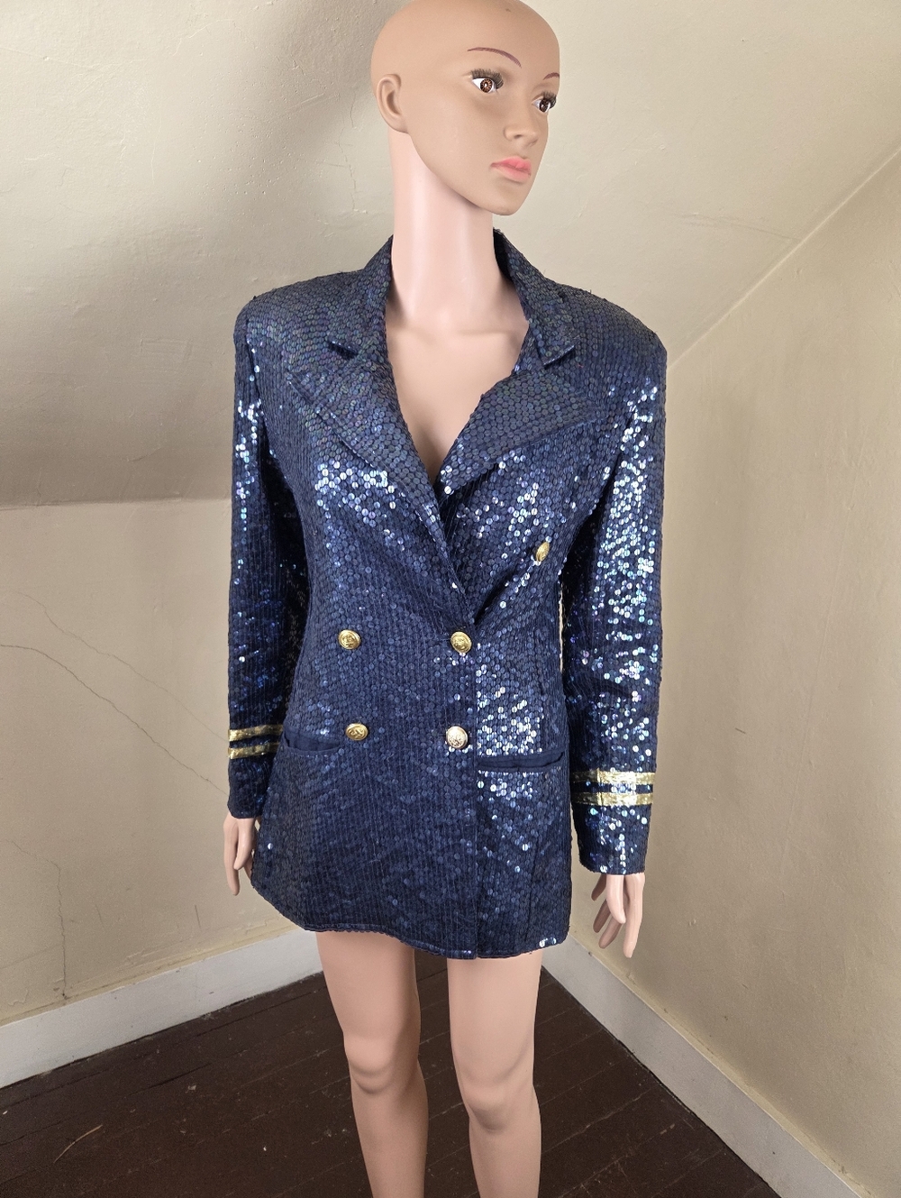 VTG Lew Magram Sequin Blazer Navy Gold Nautical Double Breasted Jacket Size S